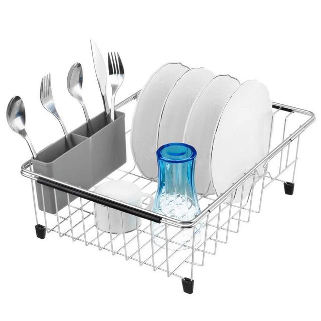 SANNO Deep & Large Dish Drying Rack Expandable Dishes Drainer Over The Sink Adjustable Arms Dish Drainer,Dish Rack in Sink or On Counter Utensil Silverware Storage Holder, Rustproof Stainless Steel