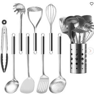 Premium Stainless Steel Kitchen Utensil Set with Organizer Holder, Multi-Functional Cooking Tools (9-Pack)