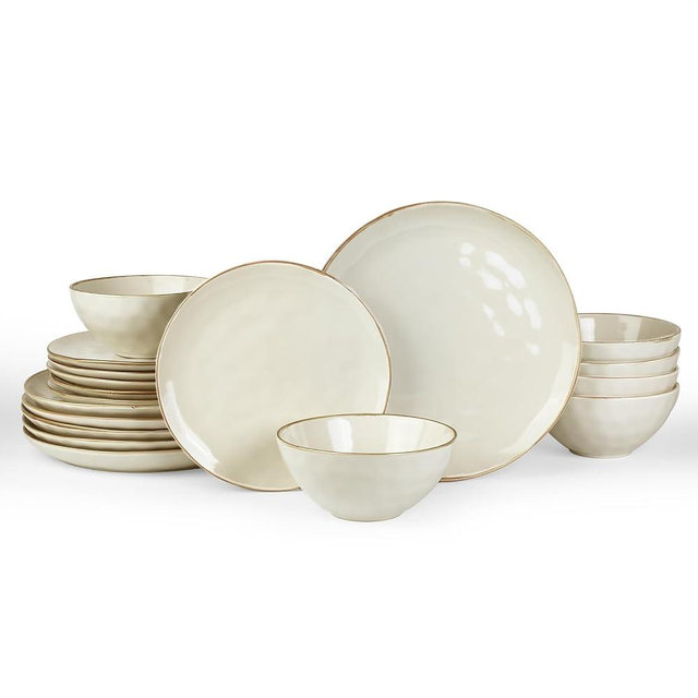 Famiware Ocean Round Plates and Bowls Set, 18 Pieces Dinnerware Sets, Dishes Set for 6, Microwave and Dishwasher Safe, Scratch Resistant, Vanilla White