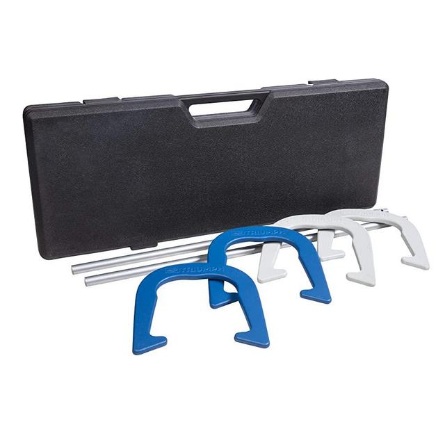Triumph Sports Premium Forged Horseshoe Set Complete with 4 Horseshoes, 2 Stakes and Hard Plastic Case with Locking Tabs for Transportation and Storage, Blue/White