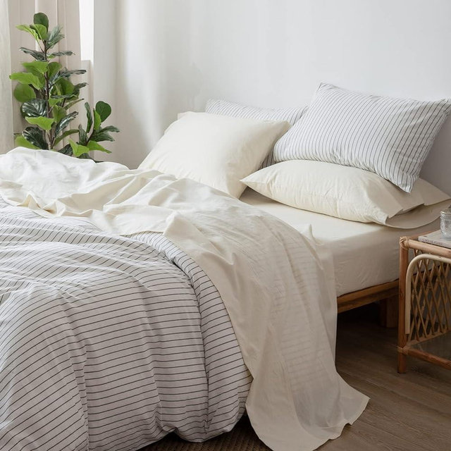 MooMee Bedding Sheet Set 100% Washed Cotton Linen Like Textured Breathable Durable Soft Comfy (Cream White, California King)