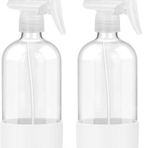 2 Pack Glass Spray Bottles with Silicone Sleeve, 16 oz Empty Refillable Containers with Adjustable Spray Nozzles, Spray Bottles for Hair, Cleaning Solutions and Plants White