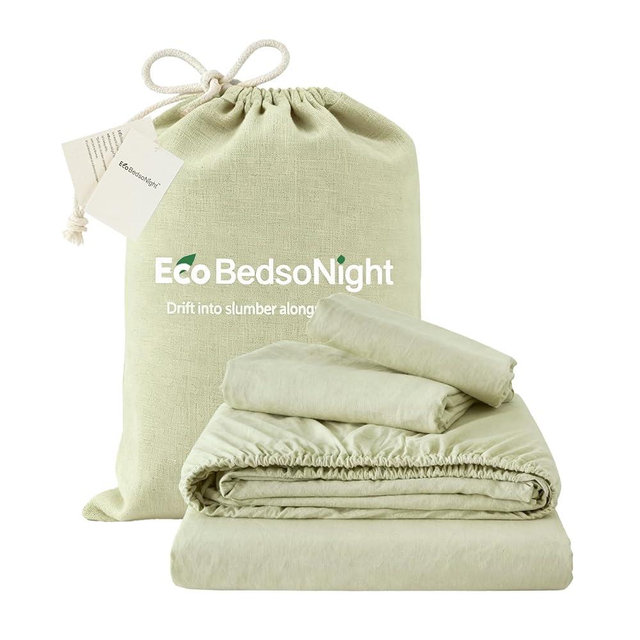 EcoBedsoNight Linen Sheets Queen Size, Cotton Linen Bed Sheets, Breathable, Durable Bed Sets 24" Extra Deep Pocket(Natural Green)