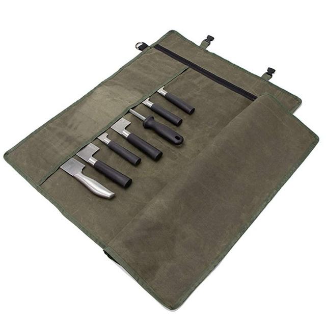 Chef’s Knife Roll Bag, Waxed Canvas Knife Cultery Carrier, Portable Chef Knife Cases, Knife Pouch Holders With 10 Slots Plus 1 Zipper Pockets Can Hold Home Kitchen Knife Tools Up To 18.8”