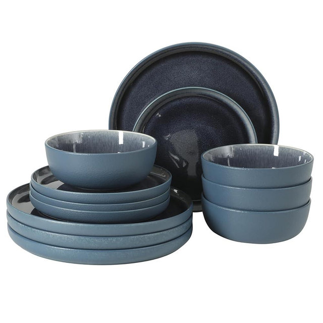 Gibson Elite Reactive Stoneware Dinnerware Set - Tahoe Sunset Matte Exterior & Shiny Interior Blue | 12-Piece – Plates and Bowls, Durable Everyday Dish Set, Microwave & Dishwasher Safe