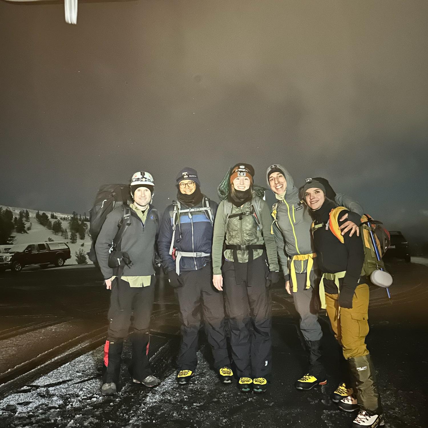 (Left to Right): Justin Shoemaker, Zach Ettaki, Amanda Ettaki, Mark Fraser, Katie Vladimirova. Started hiking at 11pm