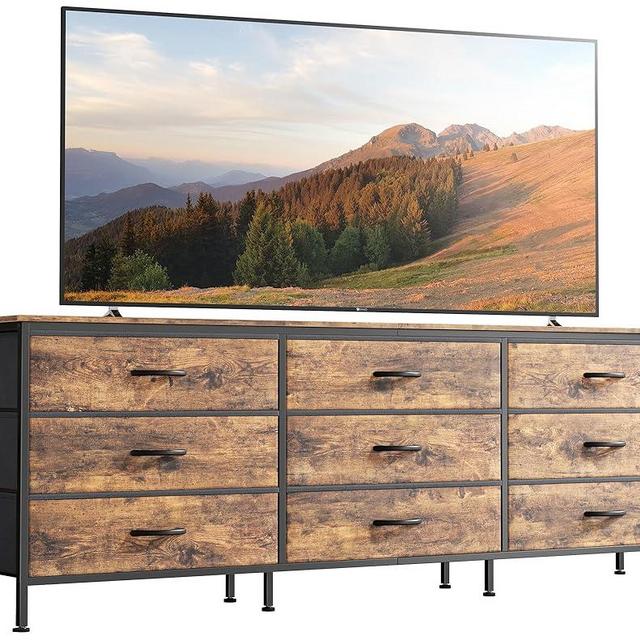 Huuger 9 Drawer Dresser, 63 Inch Dresser TV Stand for 55, 65, 70 Inch TV, Entertainment Center with Drawers, Large Long Fabric Dresser for Bedroom, Closet, Rustic Brown