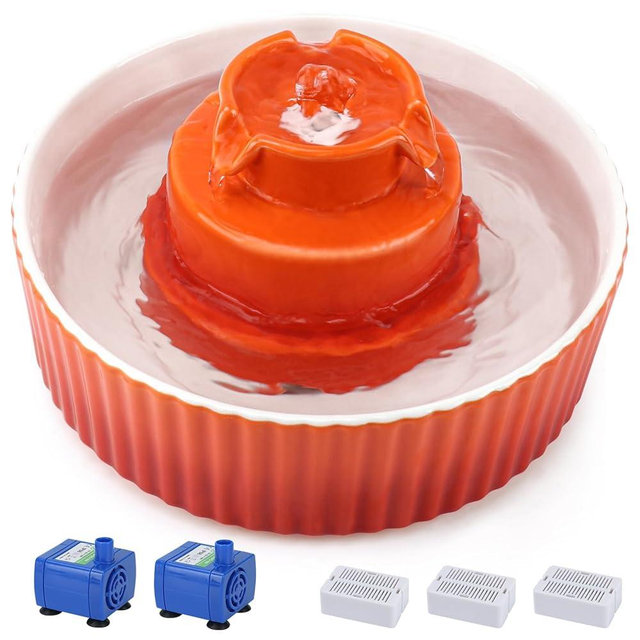 Lawfery Ceramic Cat Water Fountain, 2.1L/71oz Cat Fountain with 3 Carbon Filters and 2 Water Pumps, Cupcake Pet Water Fountain for Cats and Dogs (Orange)