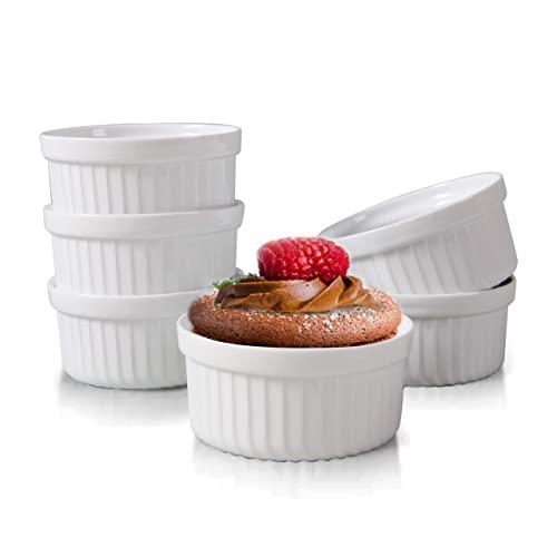 Yachi White Souffle Ramekins: 4oz 6 Pieces Ceramic Baking Ramekin Set Oven Safe Stoneware Bakeware Serving for Sauces Dipping | Onion Soup | Lava Cake | Flan | Creme Brulee | Pudding | Mini Custard