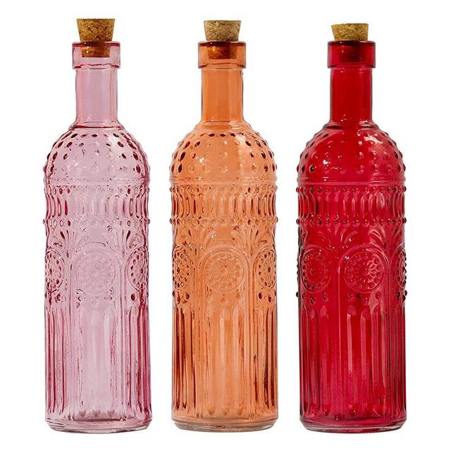 Vintage Vase Decorative Glass Vases, Embossed Colored Glass Bottles,Large Wine Bottle Size,Set of 3 with Cork Lid-Flower Bud Vases, Garden Decor, Suncatchers,Bottle Trees(Warm)