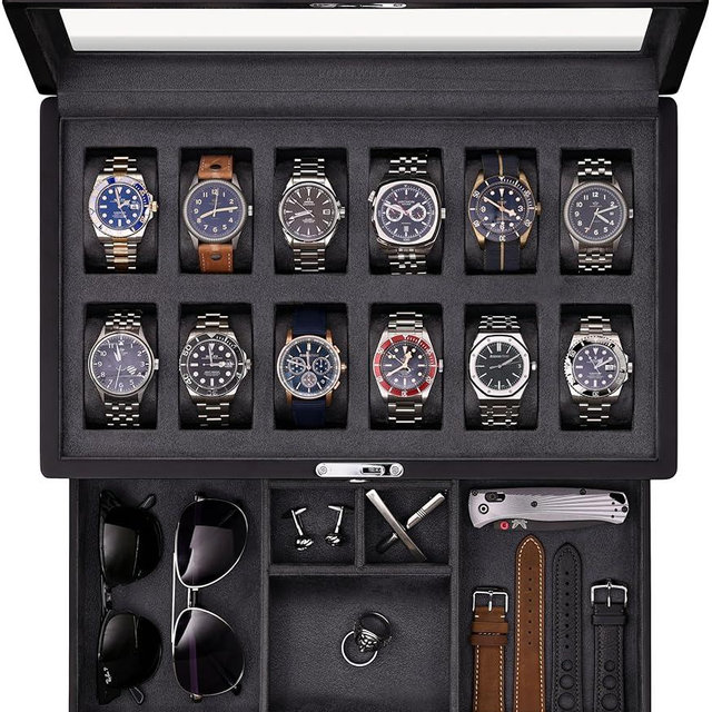 ROTHWELL 12-Slot Matte Black Watch Box with Valet Drawer - Premium Jewelry Display Case Organizer with Locking Glass Top and Microsuede Liner for Men & Women (Carbon Interior)
