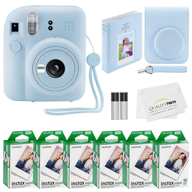 Fujifilm Instax Mini 12 Instant Camera + 60 Photo Prints + Quality Photo Value Bundle, Case, Decoration Stickers, Frames, Photo Album, (Pastel Blue)