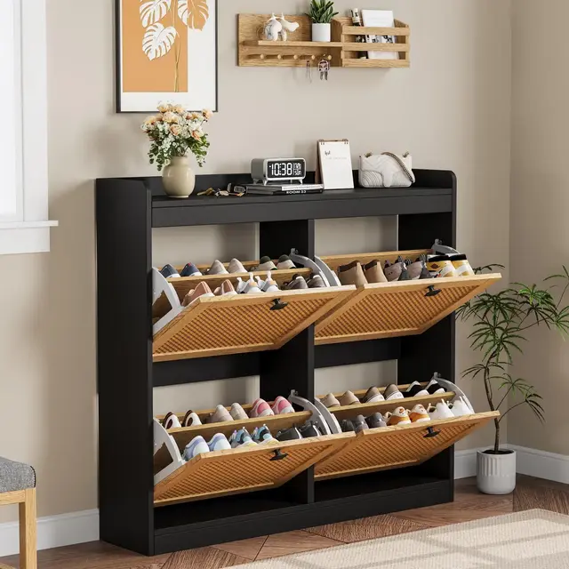 Shoe Storage Cabinet with 4 Flip Drawers, Wood Shoe Cabinet with Rattan Doors and Adjustable Shelves- Freestanding Shoe Organizer