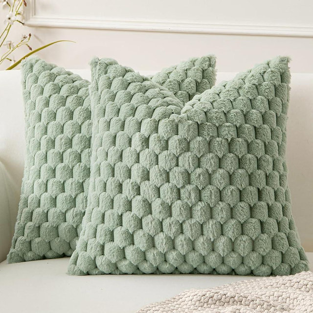 MIULEE Sage Green Set of 2 Faux Fur Decorative Throw Pillow Covers Soft Plush Cushion Cases for Sofa Couch Bed Living Room 16x16 Inch
