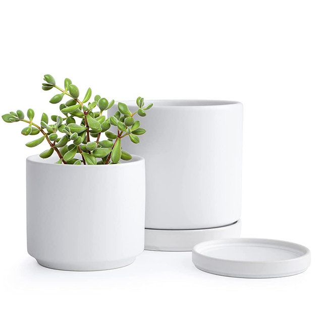 Small Plant Pots Set, 4.6 Inch & 6 Inch Ceramic Planter Pot for Plants with Drainage Hole and Saucer, White, 94-G-S-1