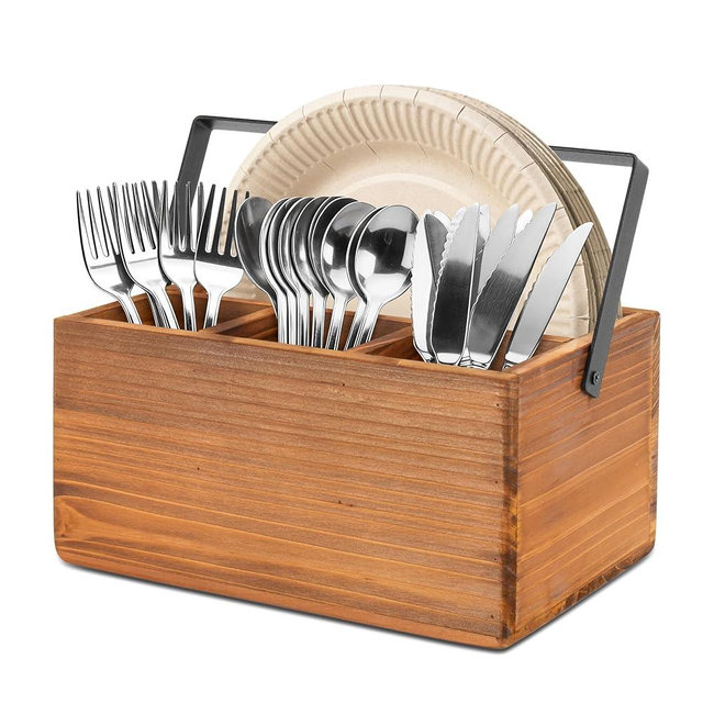 RedCall Silverware Caddy with Handle,Wood Utensil Holder for Party,Countertop Cutlery Flatware Organizer for Plate, Cup, Fork, Spoon