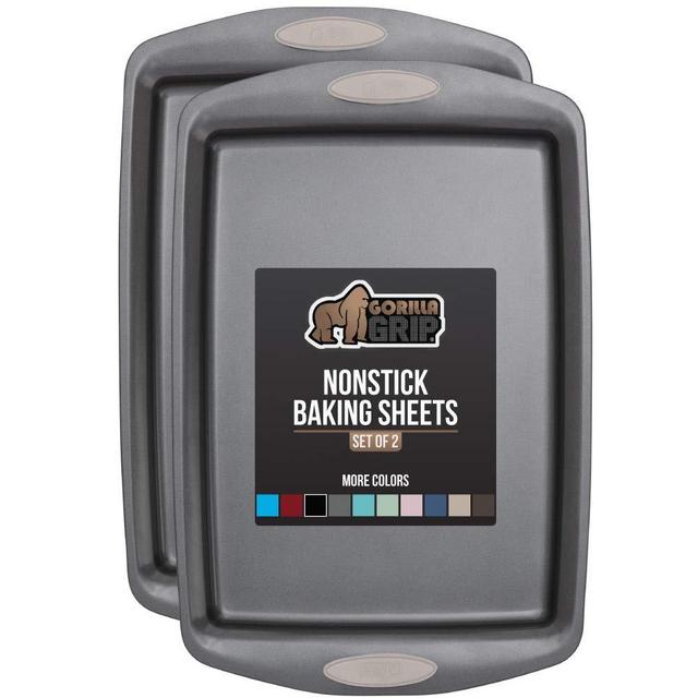 Gorilla Grip Original Non Stick Baking Cookie Sheets, Set of 2 Bakeware Trays, Silicone Handles, Multi Purpose Professional 2-Piece Pan for Bakers and Cooks, 17.3 x 11.75 Inch, Almond