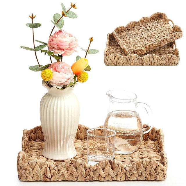 Havawish 2 Pcs Scalloped Tray Scalloped Basket Wicker Rattan Serving Tray with Handles Rattan Decorative Scallop Baskets for Table Decor, 2 Sizes