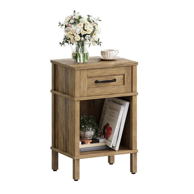 Farmhouse Nightstand with Drawer, Small Wood Bedside Table, Small Rustic Side Table, Modern End Table with Drawer, Wooden Walnut Brown Night Stand for Bedroom LET512DR