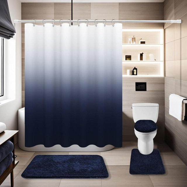 Navy Blue Bathroom Sets with Shower Curtain and Rugs Waterproof Shower Curtain Sets 1 Piece and Soft Bathroom Rugs Sets 3 Piece for Luxury Bathroom Decor Set