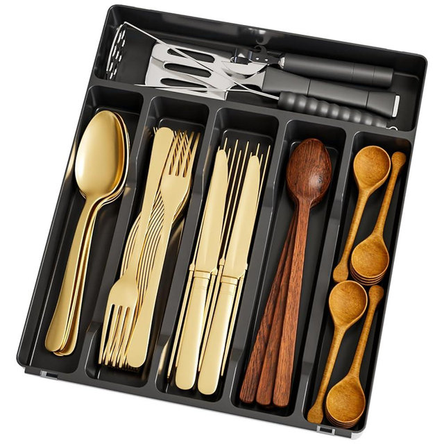 Silverware Organizer for Kitchen Drawers,BPA Free Cutlery Drawer Organizer,6 Slots Plastic Utensils Organizer Suitable as In-Drawer Silverware Holder and Tray,Flatware,Knife,Fork,Spoon Organizer,Black