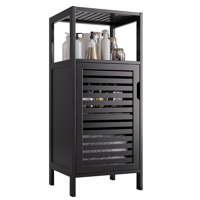 HITNET Bamboo Floor Cabinet, Small Bathroom Cabinet Floor Standing, 4 Tier Narrow Side Storage Cabinet, Space Saving Kitchen Cupboard with Single Door, Black