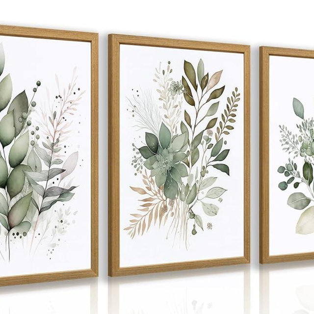 LLEEMPI Sage Green Wall Art Set of 3, Modern Watercolor Botanical Wall Decor, Eucalyptus Leaf Canvas Painting, Classic Minimalist Florals Poster Print for Bedroom Bathroom Office Wood Framed 12x16 Inch