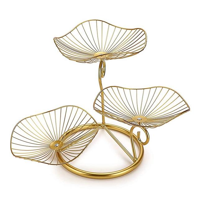 OwnMy 3-Tier Fruit Basket Stand Decorative Iron Fruit Bowl, Metal Wire Fruit Holder Storage Trays Table Countertop Holder for Vegetables Bread Snack, Modern Fruit Bowls for Kitchen Home Use (Gold)
