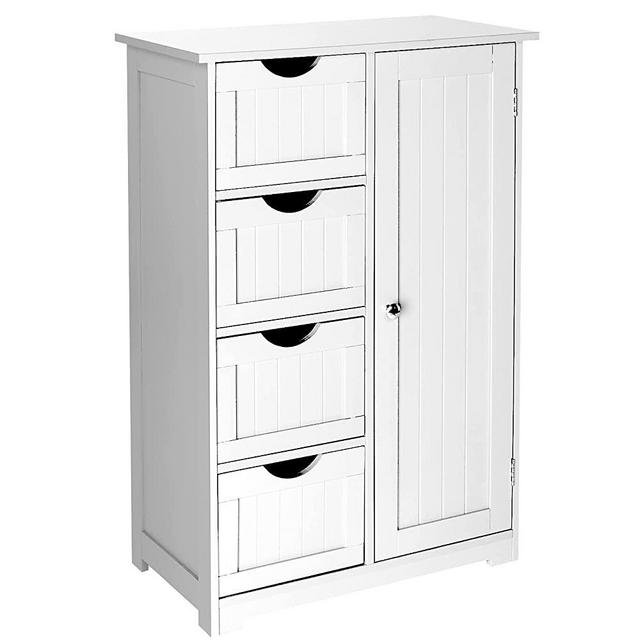 Bonnlo Small Bathroom Floor Cabinet Free Standing Waterproof Wooden Side Storage Organizer with 4 Drawer and 1 Cupboard Homes Furniture (White)