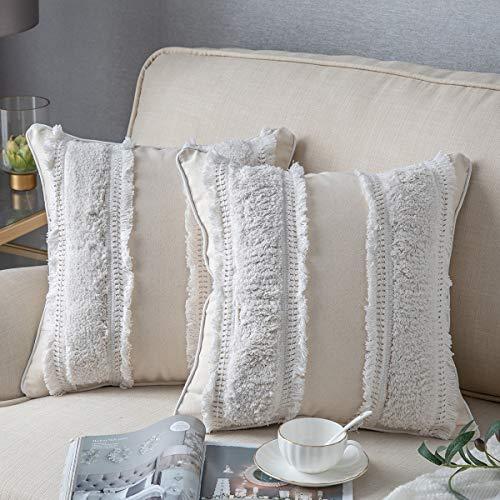 DEZENE Decorative Throw Pillow Covers for Couch Sofa Bed, 2 Pack 100% Cotton Square Pillow Cases, Woven Tufted Pillowcases, Accent Boho Cushion Covers for Farmhouse, Kids, 18 x 18 Inch Beige