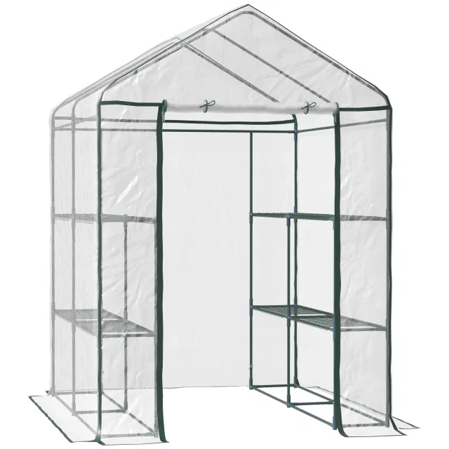 Outsunny 56" x 56" x 77" Walk-in Greenhouse Kit, Portable Green House with 3 Tier Shleves, Roll-Up Door, PE Cover for Backyard Garden, Clear