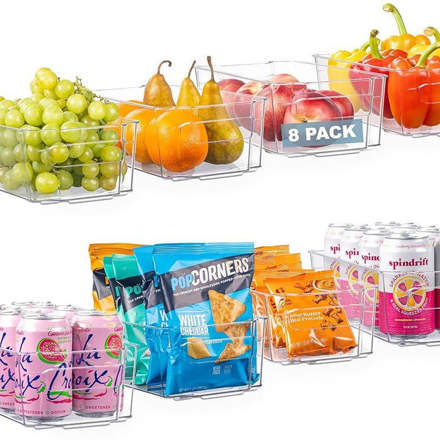 Oizeir 8 Pack Clear Plastic Fridge Organizer Bins – Stackable Refrigerator & Pantry Storage Bins with Handles for Snacks, Freezer, Kitchen Cupboard, and Cabinet Organization