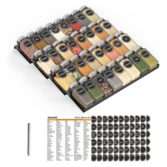 SpaceAid® Spice Drawer Organizer with 32 Glass Spice Jars, 386 Labels, for Kitchen Drawers,Black