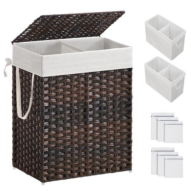 SONGMICS Laundry Hamper with Lid, 90L Clothes Hamper with 2 Removable Liner Bags & 6 Mesh Bags, Wicker Laundry Basket, Double Laundry Hamper for Bathroom, 13 x 18.1 x 23.6 Inches, Brown ULCB251K01V1