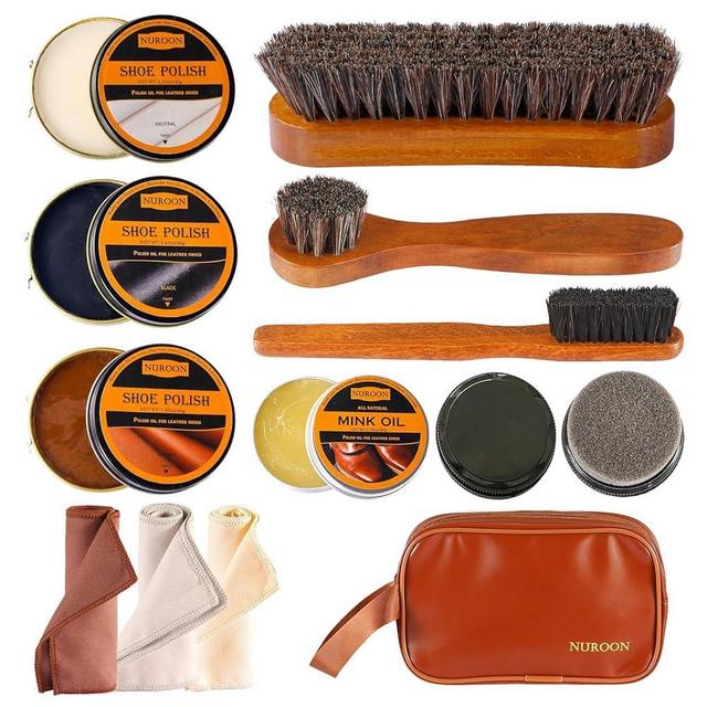 13Pcs Shoe Polish Kit for Men & Women,3 Horsehair Shoe Brush,Black Brown Neutral Mink Oil for Shoes,Boots Shine Care Kit