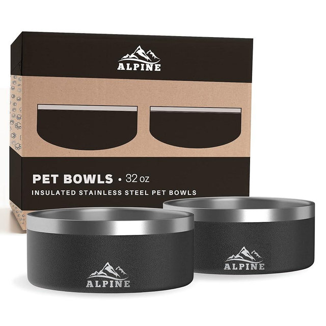 ALPINE Set of 2 Stainless Steel Dog Bowls, Non Slip, Metal Pet Bowl for Food and Water, Double Walled Insulated, Rustproof, Dishwasher Safe (32 oz, Black)