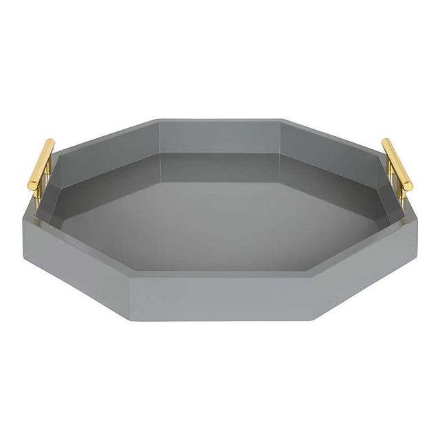 Kate and Laurel Lipton Mid-Century Octagon Decorative Tray, 18" x 18", Gray and Gold, Decorative Chic Serving Tray