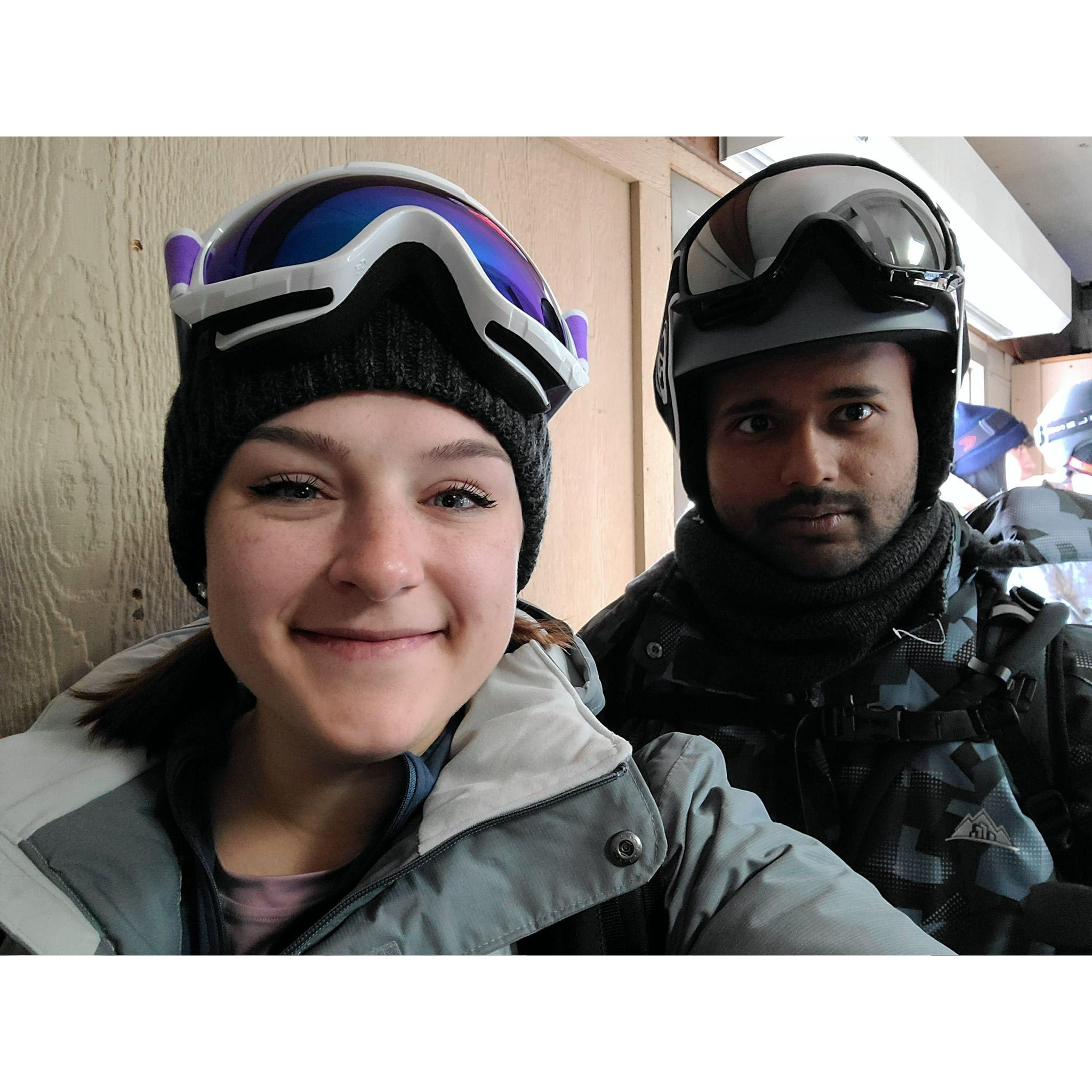 My first time skiing.

Alex took me to the moderate skiing trail convincing me that it was the "Bunny Hill"