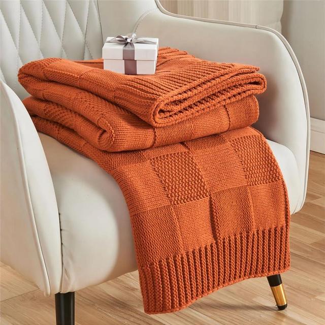 CozeCube Knit Throw Blanket, Orange Checkered Throw Blanket for Couch, Soft Cozy Warm Knitted Throw Blanket for Bed Sofa Living Room, Decorative Fall Throw Blanket 60"X80", Rust Orange