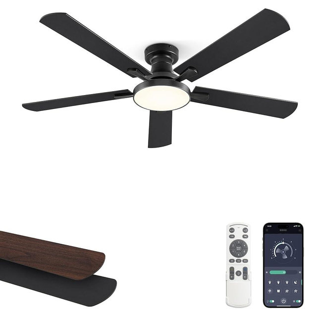 ZMISHIBO 52 Inch Ceiling Fans with Lights, Flush Mount Low Profile Ceiling Fan with 6 Speeds & 3CCT, Smart Remote&APP Control, Dimmable 24W LED Light, Quiet DC Motor for Living Room Bedroom,Black