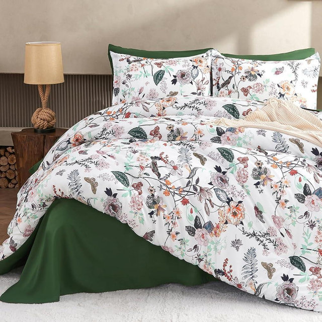 7 Piece Queen Comforter Set, Green Butterfly Floral Comforter Set with Flowers Leaves Pattern, Soft Microfiber Complete Bedding Set for All Season(Dark Green, Queen)