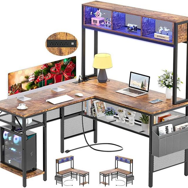 Unikito L Shaped Computer Desk with LED Strip and Power Outlets, Reversible L-Shaped Corner Desk with Storage Shelves and Bag, Industrial Home Office Desk Gaming Table with USB Port, Rustic Brown