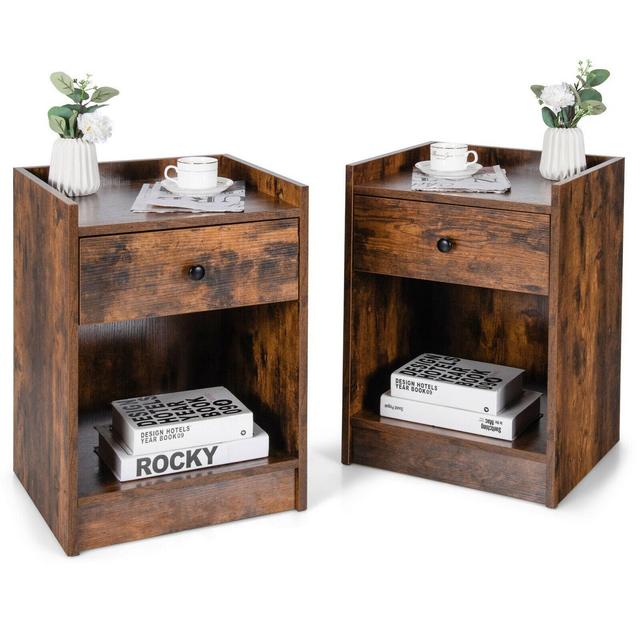 Costway Set of 2 Nightstand with Drawer Cabinet End Side Table Raised Top Rustic Brown