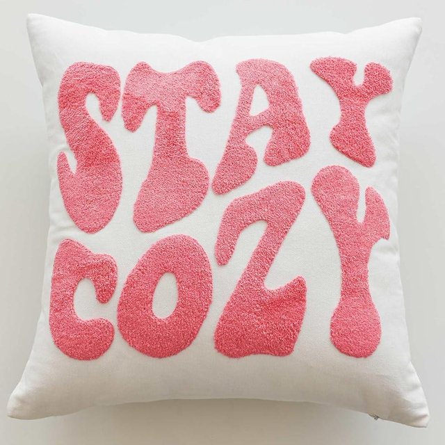 FAVDEC Embroidered Stay Cozy Decorative Pink Throw Pillow Cover, Stay Cozy 18 Inches x 18 Inches Cover Only