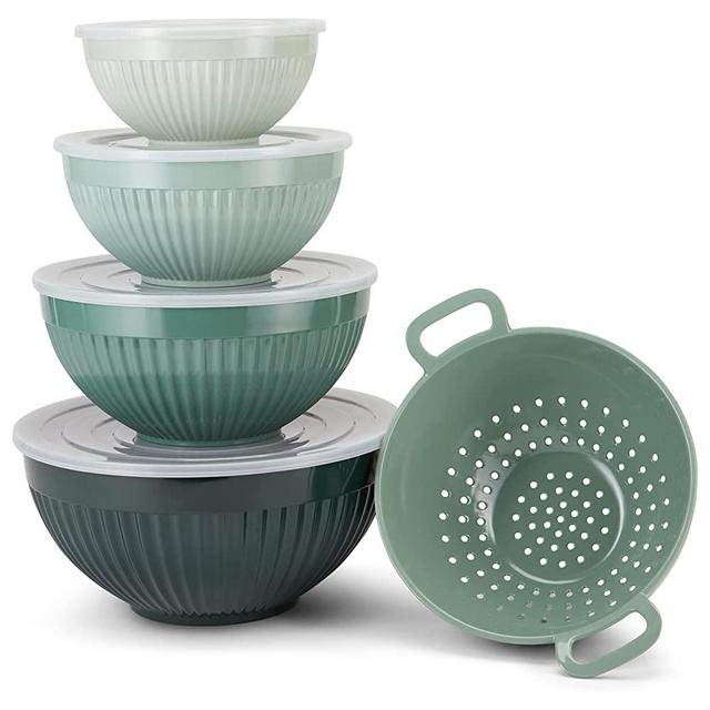 Phantom Chef Mixing Bowl Set (5 Pieces + 4 Lids) | Nested Melamine | 7, 8, 10, 11” Bowls & 9” Colander | Cooking, Mixing, Baking, Prepping, Stirring, Serving | Space-Efficient Storage (Green)