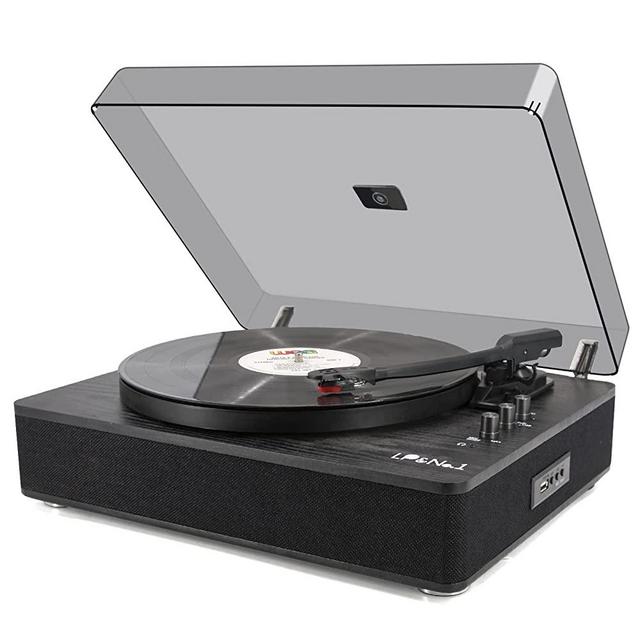 LP&No.1 Bluetooth Record Player with Stereo Speakers, 3-Speed Belt-Drive Turntable for Vinyl Records with Wireless Playback and Auto-Stop(Black Wood)