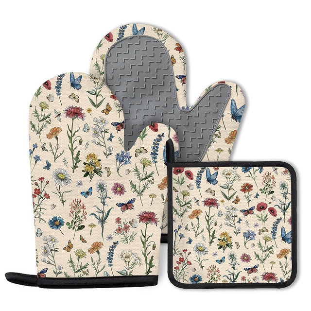 Vintage Floral Oven Mitts and Pot Holders 3Pcs, Retro Floral Silicone Oven Mitts Birthday for Flower Lover, Cute Botanic Wild Flowers Heat Resistant Non-Slip Oven Gloves for Mom Wife Sister