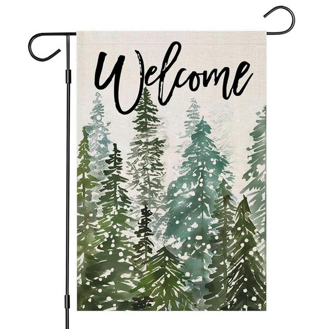 Welcome Winter Garden Flags 12x18 Inch Vertical Double Sided, Christmas Watercolor Forest Small Yard Outside Decorations, Xmas Seasonal Farmhouse Holiday Outdoor Décor