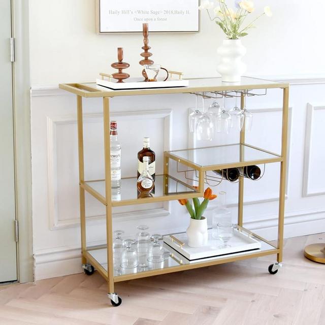 Gold Mirror Rolling Bar Serving Cart in Lockable Wheels, Wine Cart with Wine Holders and Glass Rack, for Kitchen, Living room, Drink Coffee Bar, Dining Room, Christmas, New Year Party