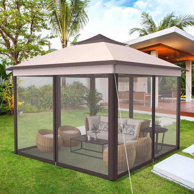Costway 11'x11' 2-Tier Pop-Up Gazebo Tent Portable Canopy Shelter Carry Bag Mesh Beige